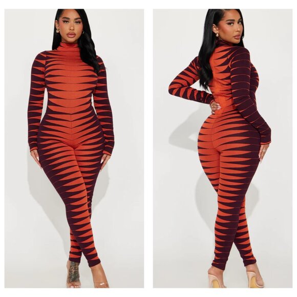 FASHION NOVA Made For Fun Sweater Jumpsuit | Rust Combo | Size XL | NWT - Picture 1 of 1
